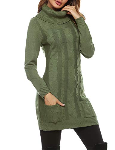 Aibrou Vestido de Punto para Mujer,Elegante Vestido de Suéter de Cuello Alto,Vestido Jersey de Manga Larga con Aguja Gruesa,Invierno  Ejército Verde M