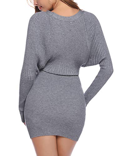 Aibrou Vestidos a Punto Mujer,Vestido Sexy de Una Pieza de Punto elástico,Vestidos de Jersey Manga Larga Vestido Invierno Vestido Fiesta (Gris, XL)