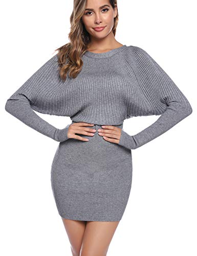 Aibrou Vestidos a Punto Mujer,Vestido Sexy de Una Pieza de Punto elástico,Vestidos de Jersey Manga Larga Vestido Invierno Vestido Fiesta (Gris, XL)