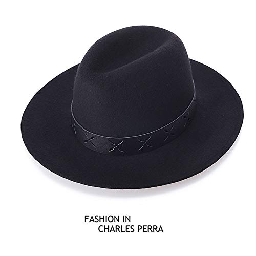 AIEOE - Gorra Fedora de ala Ancha Invierno Sombrero de Fieltro Jazz Retro de Lana Elegante Trilby Color Sólido Viaje Fiesta para Mujer Hombre - Negro