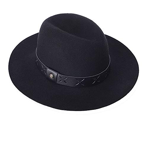 AIEOE - Gorra Fedora de ala Ancha Invierno Sombrero de Fieltro Jazz Retro de Lana Elegante Trilby Color Sólido Viaje Fiesta para Mujer Hombre - Negro