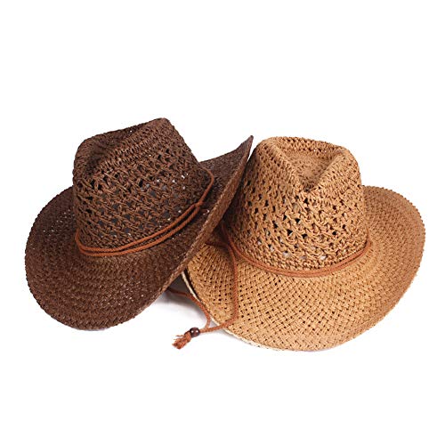 AIEOE - Sombrero de Sol de Paja Cowboy Hecho a Mano Traje de Sombrero Vaquero Fresca Gorra de Jazz Western Hat Headwear Unisex para Playa Verano