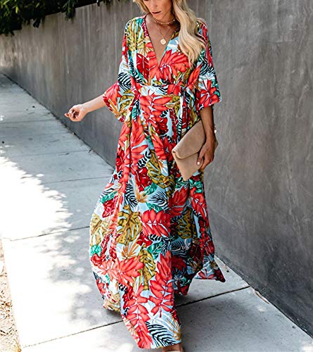 AiJump Vestido Estampado de Playa Pareo Maxi Kaftan de Algodón Bañador Cover Up para Mujer
