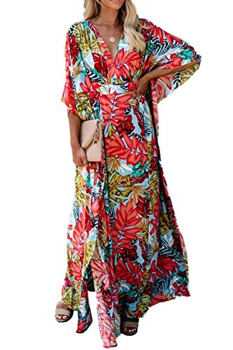 AiJump Vestido Estampado de Playa Pareo Maxi Kaftan de Algodón Bañador Cover Up para Mujer