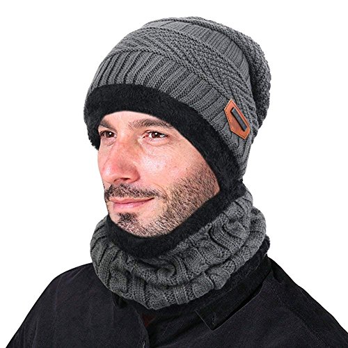 Aisprts Gorro Invierno con Bufanda, Calentar Sombreros Gorras Beanie de Punto Para Hombre Mujer (Gris)