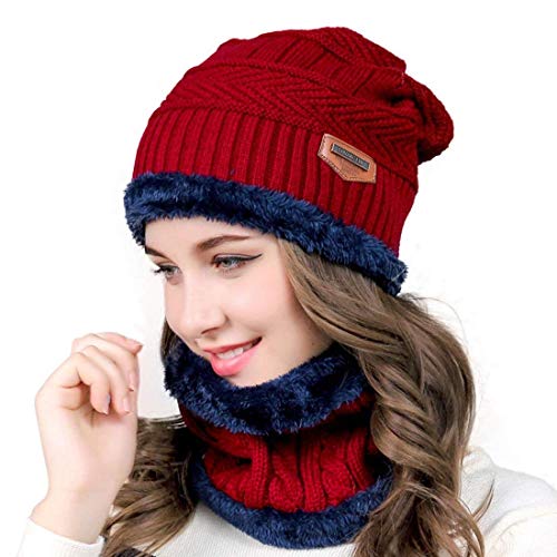 Aisprts Gorro Invierno con Bufanda, Calentar Sombreros Gorras Beanie de Punto para Hombre Mujer (Rojo)