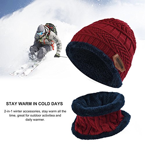 Aisprts Gorro Invierno con Bufanda, Calentar Sombreros Gorras Beanie de Punto para Hombre Mujer (Rojo)