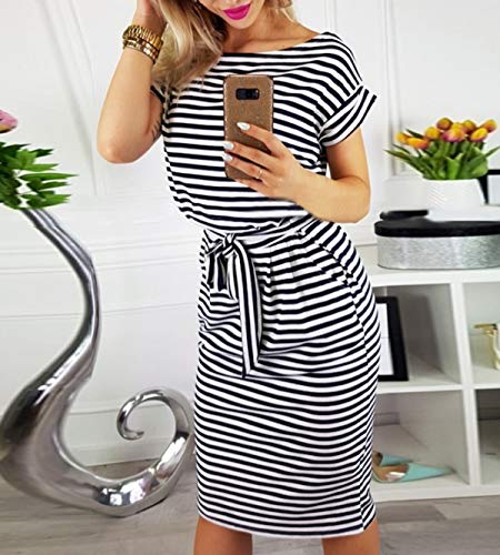 Ajpguot Verano Mujer Midi Vestidos Color Sólido Vestido de Cadera Cuello Redondo Manga Corta Vestido con Cinturón Elegante Bodycon Vestidos de Fiesta (M, 0998 Negro)