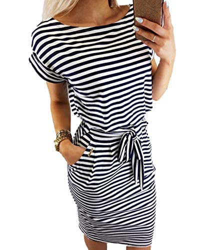 Ajpguot Verano Mujer Midi Vestidos Color Sólido Vestido de Cadera Cuello Redondo Manga Corta Vestido con Cinturón Elegante Bodycon Vestidos de Fiesta (M, 0998 Negro)