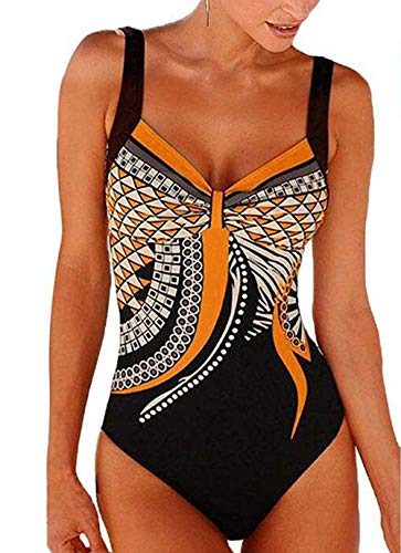 Ajpguot Verano Mujer Sexy V-Cuello Trajes de Una Pieza Impresión Traje de Baño Push Up Bikinis Monokinis Triángulo Swimwear Tankinis Talla Grande (S, 19A10 Naranja)