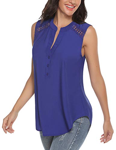 Akalnny Camisetas de Tirantes para Mujer sin Mangas Cuello en V Botón Sexy Tanque Tops Huecas Elegantes Chaleco Verano Blusa Casuales(Azul, XXL)