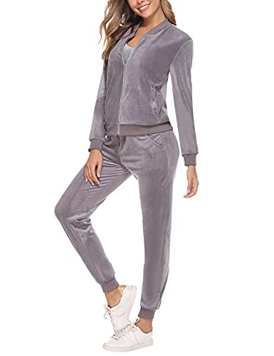 Akalnny Chándal Conjunto Mujer de Terciopelo Informal Pijamas Trajes Chaquetas de Manga Larga con Cremallera + Pantalones de Cintura Alta Gris