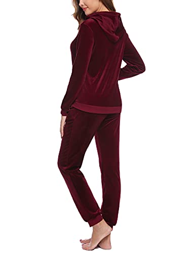 Akalnny Chándal Conjunto Mujer de Terciopelo Informal Sudadera de Manga Larga con Capucha + Pantalones de Cintura Alta Trajes Rojo Vino