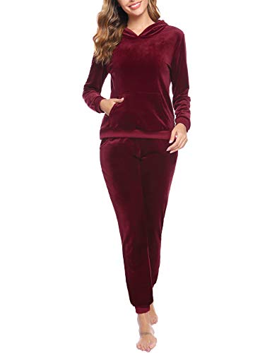 Akalnny Chándal Conjunto Mujer de Terciopelo Informal Sudadera de Manga Larga con Capucha + Pantalones de Cintura Alta Trajes Rojo Vino