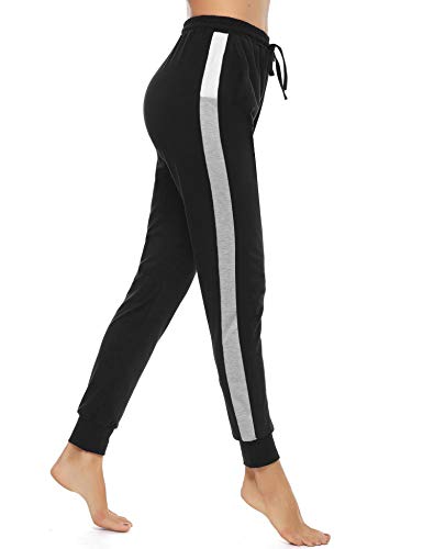 Akalnny Pantalones Deportivos para Mujer Pantalón de Chándal Largos Pantalones de Deporte con Cordones de Rayas para Gimnasio Yoga Jogging(Negro, M)