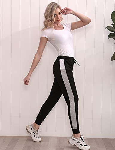 Akalnny Pantalones Deportivos para Mujer Pantalón de Chándal Largos Pantalones de Deporte con Cordones de Rayas para Gimnasio Yoga Jogging(Negro, M)