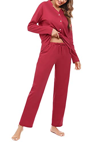 Akalnny Pijama Camisero Mujer Invierno Algodón con Botones Conjutno de Pijamas 2 Piezas Manga Larga Cintura Elástica Suave Cómodo