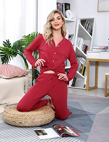 Akalnny Pijama Camisero Mujer Invierno Algodón con Botones Conjutno de Pijamas 2 Piezas Manga Larga Cintura Elástica Suave Cómodo