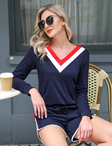 Akalnny Ropa deportiva de Algodón para Mujer de Verano Camiseta de Manga Larga con Cuello en V para Mujeres + Pantalones Cortos a Rayas Ropa Deportiva, Trajes Casuales con Bolsillos（azul marino,XXL）