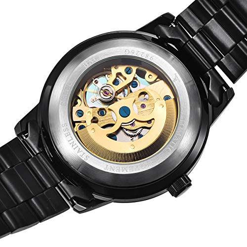Alienwork IK Reloj Automático Hombre Mujer Negro Pulsera de Metal Acero Esqueleto