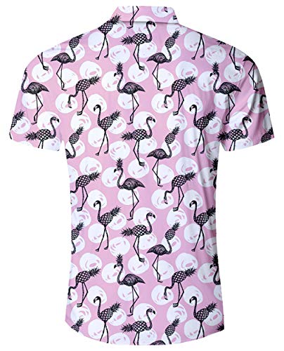 ALISISTER Camisa Hawaiana Flamingo Nero Tropical 3D Patrón Camisas para Vacaciones Blusa con Botones Funky Camiseta de Manga Corta Rosa Divertido Traje de Fiesta para Hombre L