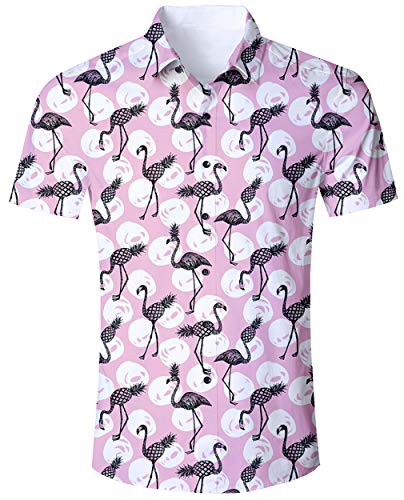ALISISTER Camisa Hawaiana Flamingo Nero Tropical 3D Patrón Camisas para Vacaciones Blusa con Botones Funky Camiseta de Manga Corta Rosa Divertido Traje de Fiesta para Hombre L