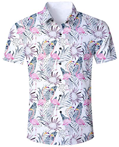 ALISISTER Camisa Hawaiana Flamingo Tropical 3D Patrón de Camisas de Vacaciones Blusa con Botones Fancy Camiseta de Manga Corta Rosa Divertido Traje de Fiesta para Hombre L