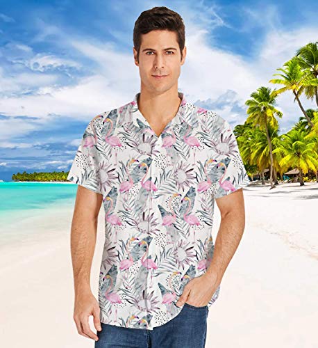 ALISISTER Camisa Hawaiana Flamingo Tropical 3D Patrón de Camisas de Vacaciones Blusa con Botones Fancy Camiseta de Manga Corta Rosa Divertido Traje de Fiesta para Hombre L