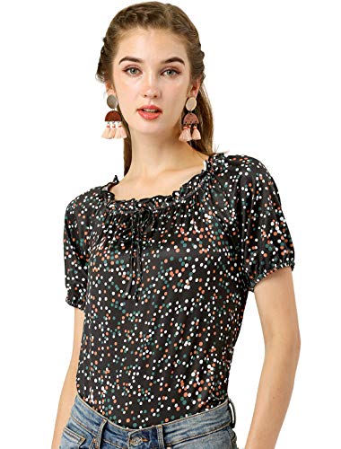 Allegra K Blusa De Lunares Cuello del Barco Cuello con Volantes Manga Corta Raglán para Mujer Negro XS