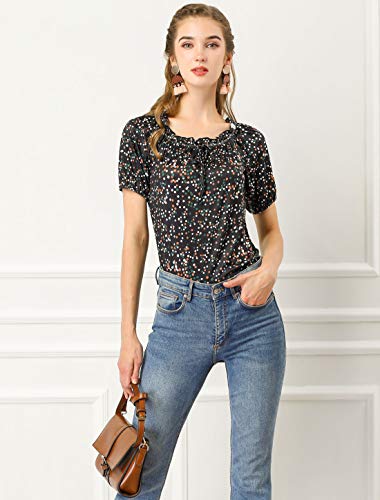 Allegra K Blusa De Lunares Cuello del Barco Cuello con Volantes Manga Corta Raglán para Mujer Negro XS