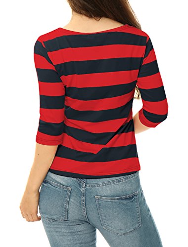 Allegra K Blusa De Rayas Mangas del Codo Cuello Barco para Mujeres Día de San Patricio Rojo Azul L