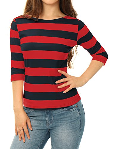 Allegra K Blusa De Rayas Mangas del Codo Cuello Barco para Mujeres Día de San Patricio Rojo Azul L