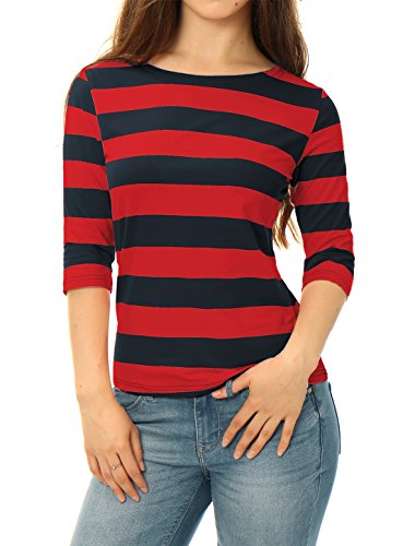 Allegra K Blusa De Rayas Mangas del Codo Cuello Barco para Mujeres Día de San Patricio Rojo Azul L