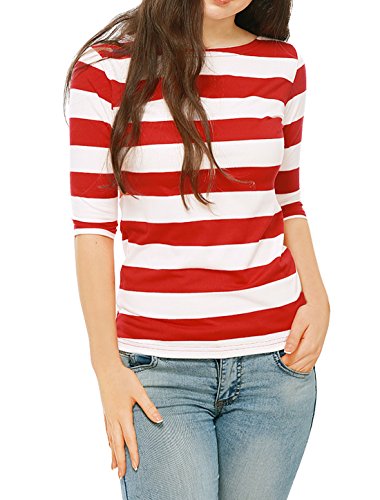 Allegra K Blusa De Rayas Mangas del Codo Cuello Barco para Mujeres Día de San Patricio Rojo S