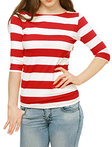 Allegra K Blusa De Rayas Mangas del Codo Cuello Barco para Mujeres Día de San Patricio Rojo XS