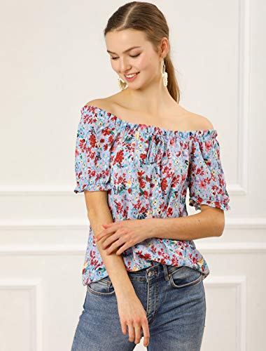 Allegra K Blusa Floral Decoración De Pajarita Cuello De Barco con Volantes Manga Corta Raglán para Mujeres Azul M