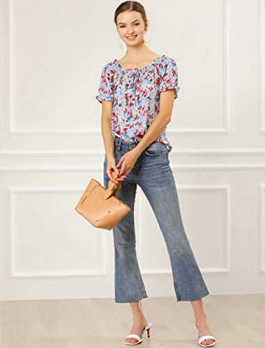 Allegra K Blusa Floral Decoración De Pajarita Cuello De Barco con Volantes Manga Corta Raglán para Mujeres Azul M