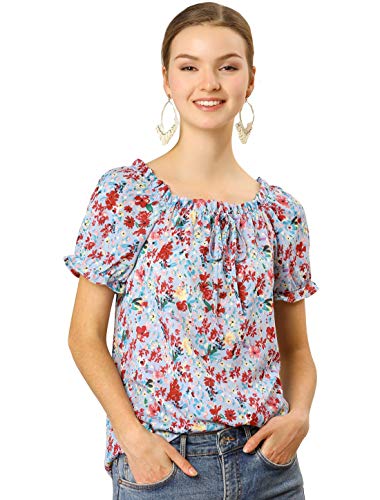 Allegra K Blusa Floral Decoración De Pajarita Cuello De Barco con Volantes Manga Corta Raglán para Mujeres Azul M