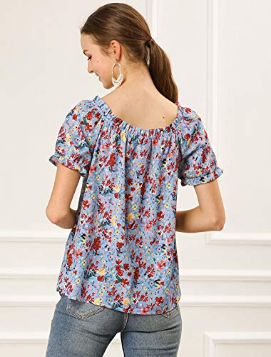 Allegra K Blusa Floral Decoración De Pajarita Cuello De Barco con Volantes Manga Corta Raglán para Mujeres Azul M