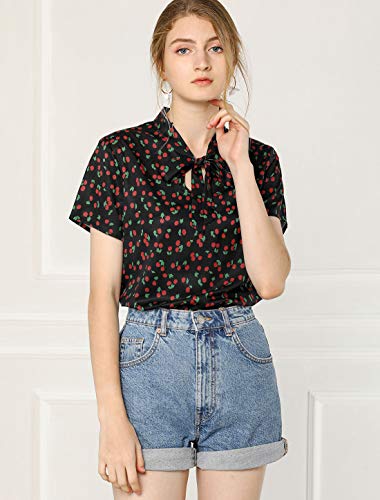 Allegra K Blusa para Mujer Estampado De Cereza Cuello con Corbata De Lazo para Mujer Negro S