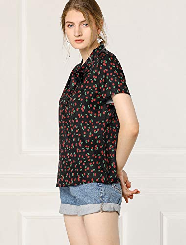 Allegra K Blusa para Mujer Estampado De Cereza Cuello con Corbata De Lazo para Mujer Negro S