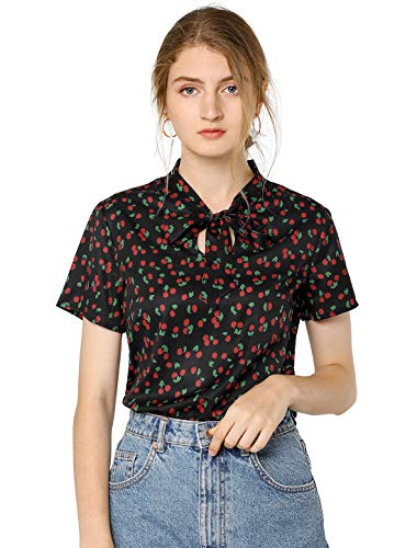 Allegra K Blusa para Mujer Estampado De Cereza Cuello con Corbata De Lazo para Mujer Negro S