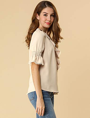 Allegra K Blusa Top Campesino De Gasa Casual Vintage Verano Media Manga De Campana Volante V Cuello para Mujeres Beige L