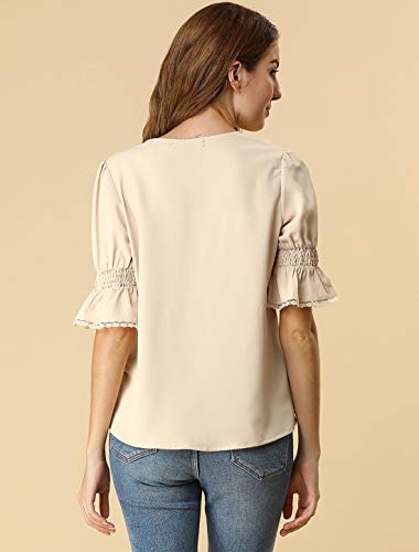 Allegra K Blusa Top Campesino De Gasa Casual Vintage Verano Media Manga De Campana Volante V Cuello para Mujeres Beige L