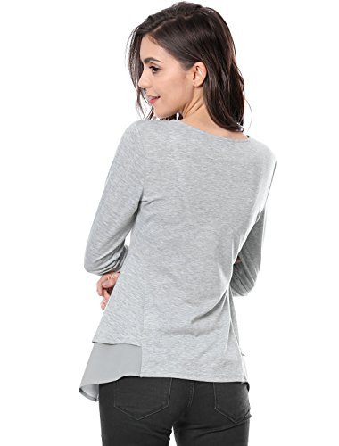 Allegra K Blusa Top para Mujer Cuello Redondo Panel con Volantes De Gasa Mangas Largas - Gris/XS (US 2), XS (EU 32)