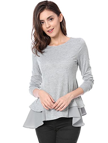 Allegra K Blusa Top para Mujer Cuello Redondo Panel con Volantes De Gasa Mangas Largas - Gris/XS (US 2), XS (EU 32)