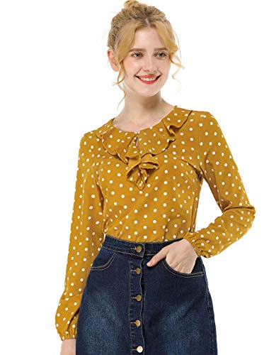 Allegra K Blusa Túnica Camisa Lunares Vintage Manga Larga Cuello De Volantes para Mujer Amarillo S