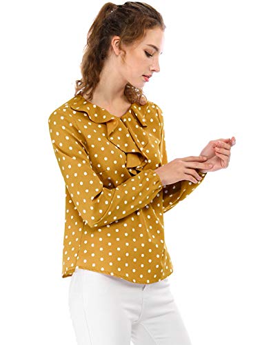 Allegra K Blusa Túnica Camisa Lunares Vintage Manga Larga Cuello De Volantes para Mujer Amarillo S
