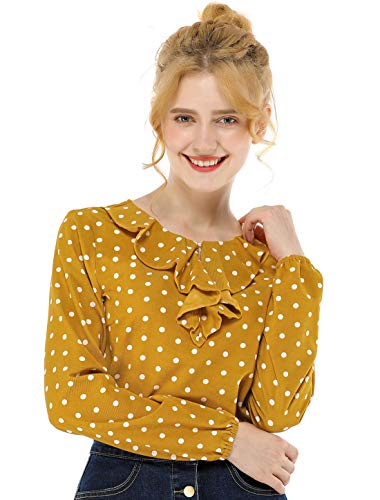 Allegra K Blusa Túnica Camisa Lunares Vintage Manga Larga Cuello De Volantes para Mujer Amarillo S