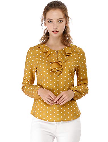 Allegra K Blusa Túnica Camisa Lunares Vintage Manga Larga Cuello De Volantes para Mujer Amarillo S